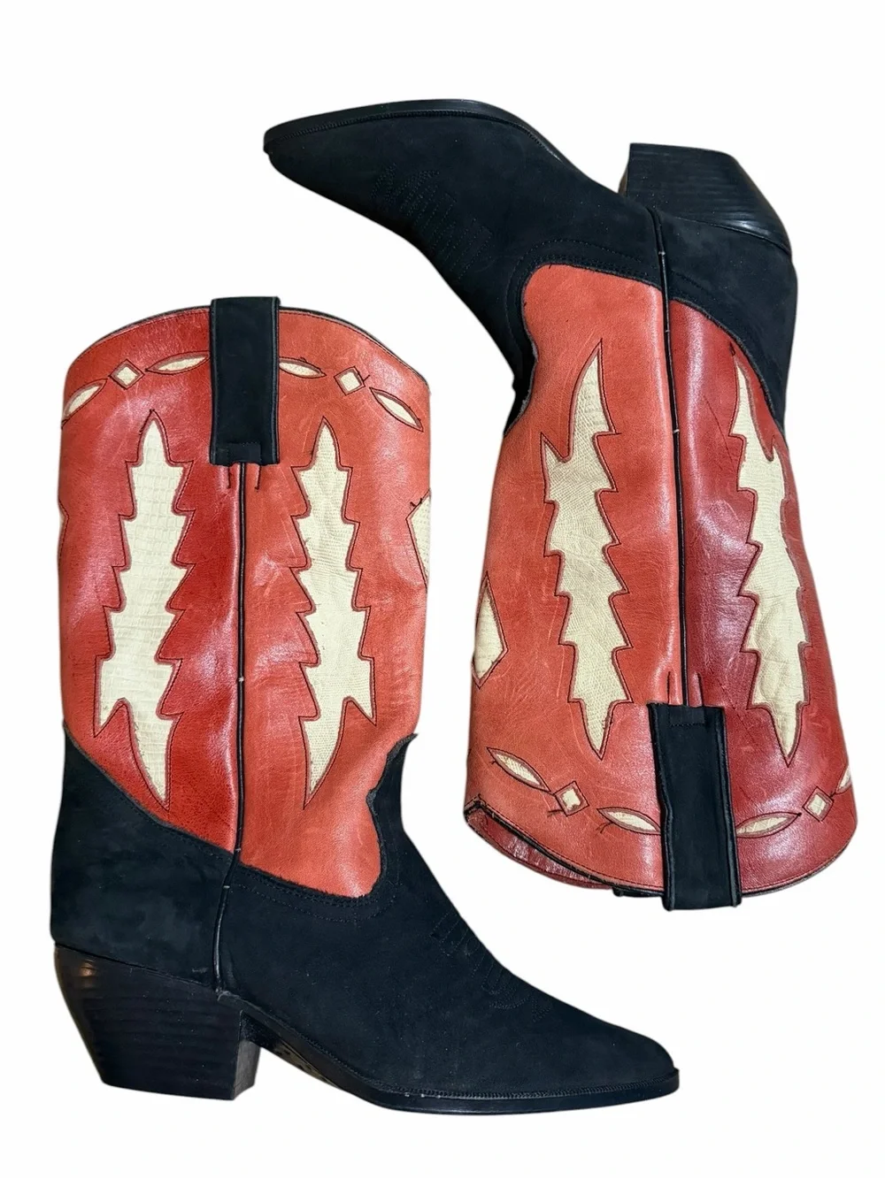 Vintage Black & Red Leather Cowboy Boots Western Pointed Toe Size 8 - Picture 2 of 5